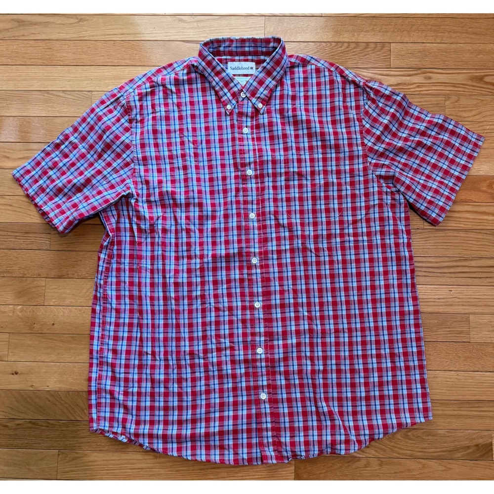 Saddlebred Mens XLT Red Blue Plaid Short Sleeve Button Down Shirt Classic Fit